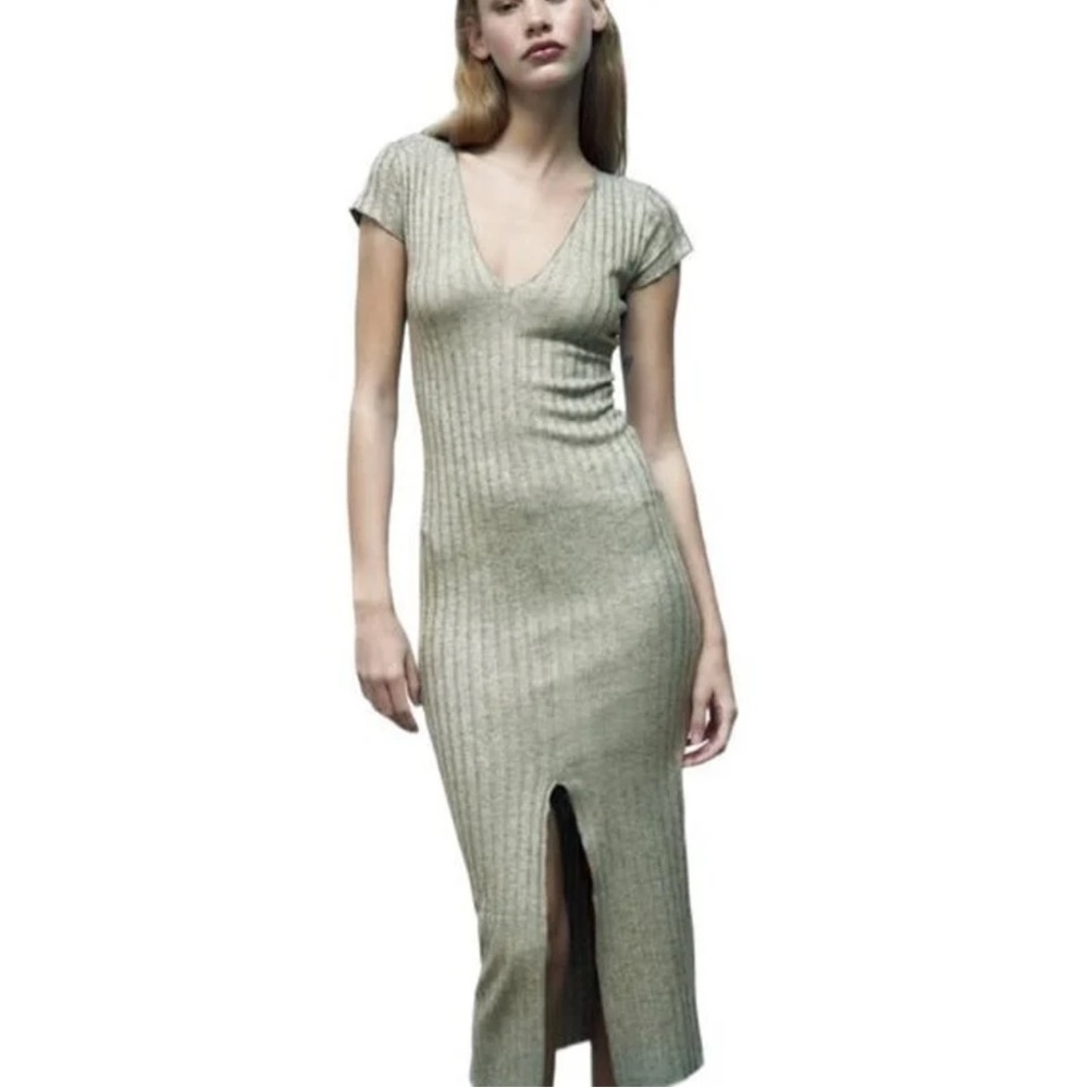 ZARA Sage Green Ribbed Midi Dress large